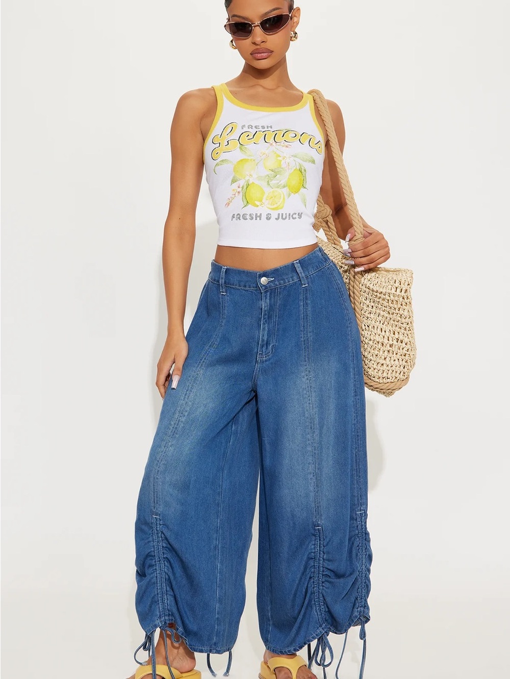 Fashion Nova Blue Wide-Leg Drawstring Hem Jeans